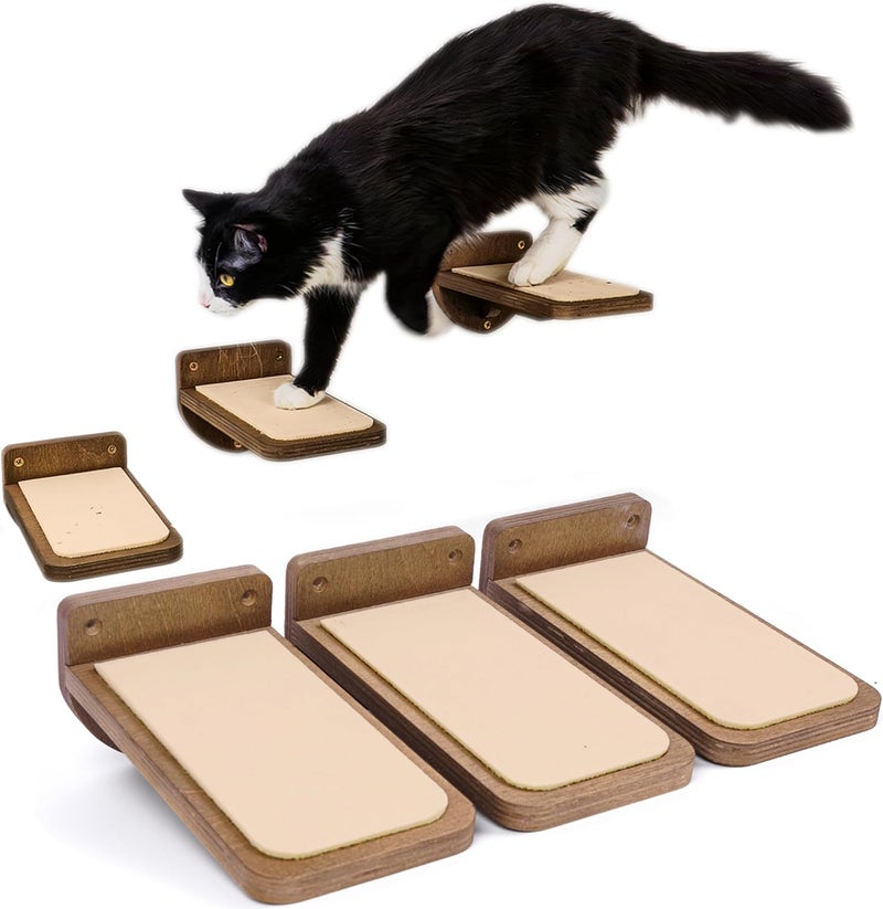 INICIO Cat Wall Stairs - Set of 3 Wall Steps for Cats to Climb with Fixtures, 9.3"x4.7" - Floating Steps for Climbing or Playing - for Kittens and Adult Cats, Dark Brown - Image 1